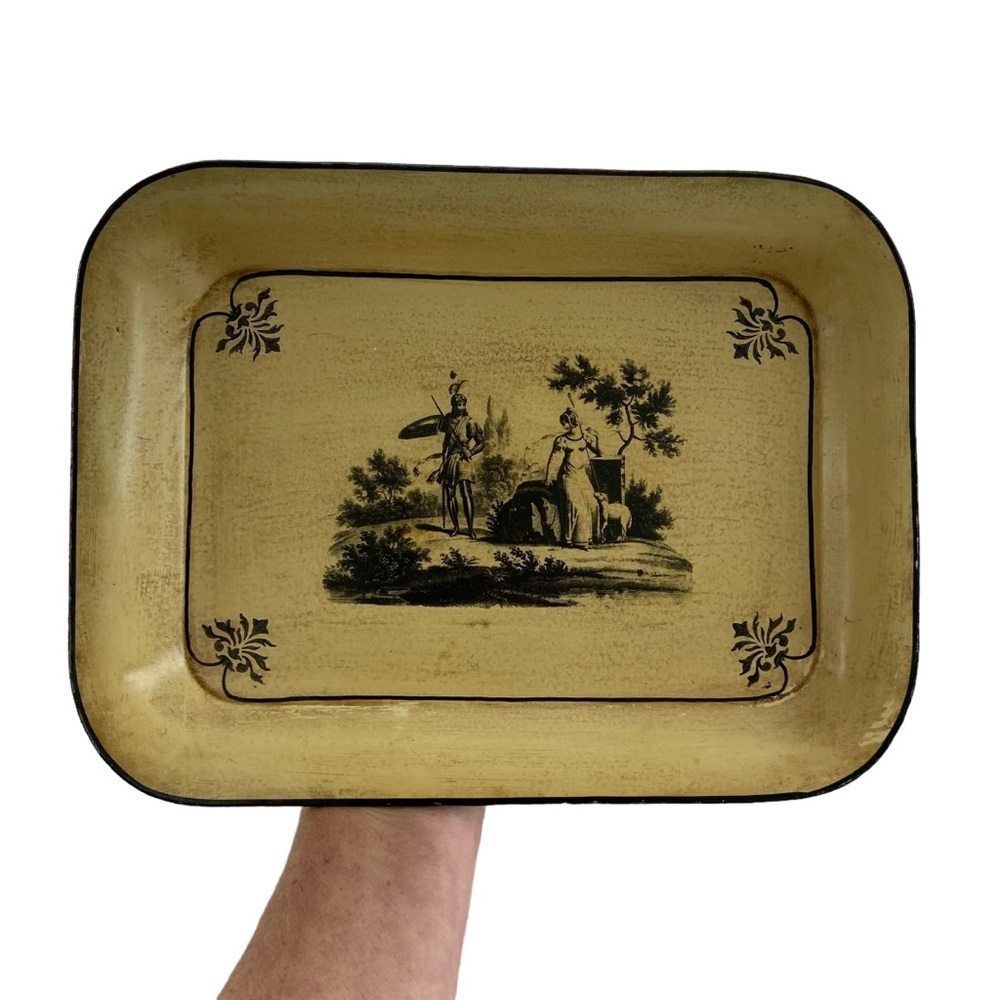 Antique Small Heavy Metal Hand Painted Lover’s Scene Vintage 1960s 11” x 8.5”